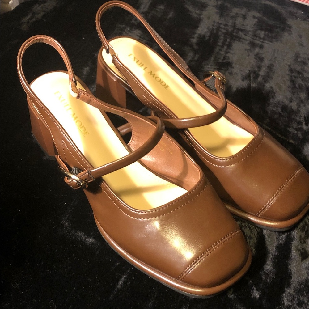 Brown Leather Slingback Block Heel Pumps